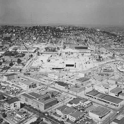 Aerial view of the Seattle Center construction site 