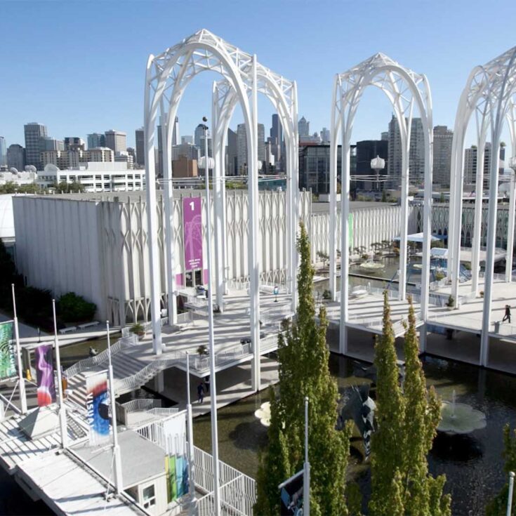 PacSci campus view with arches