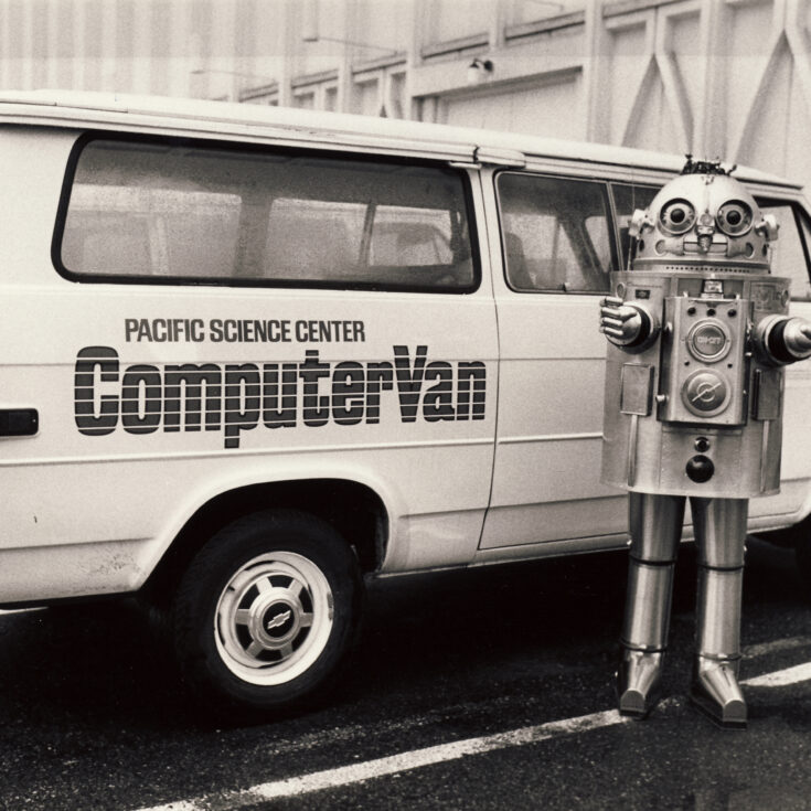 Black and white photo of the Science on Wheels van