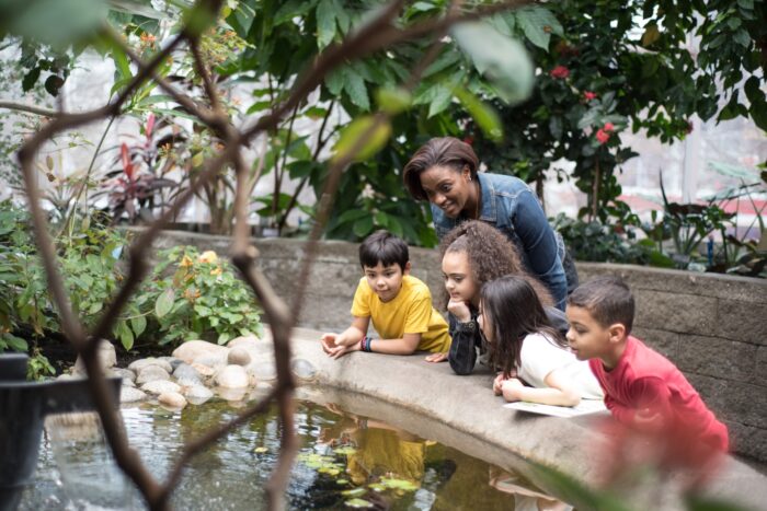 Adult and children viewing fountain inside Tropical Butterfly House.