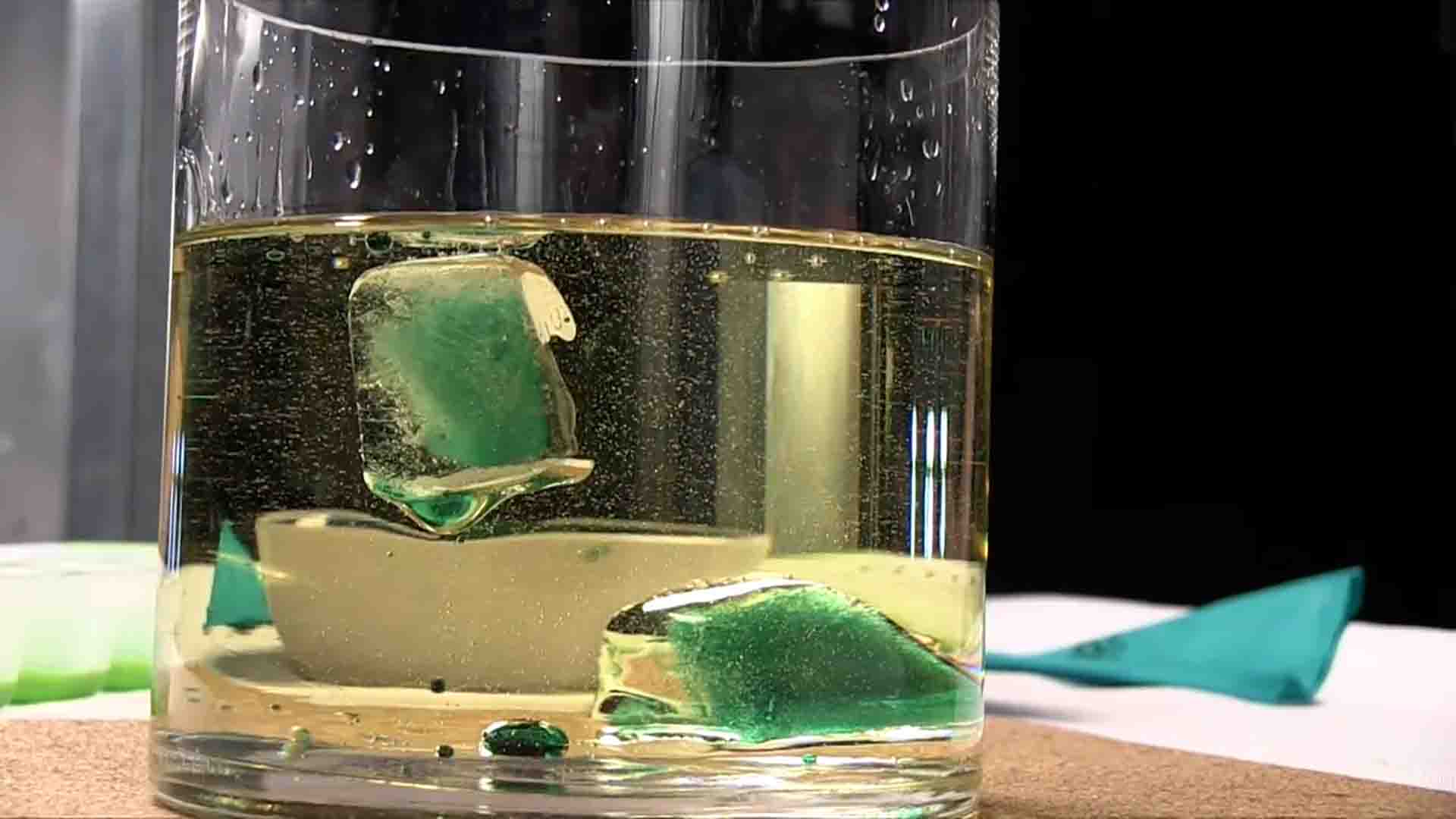 green parts floating in a liquid