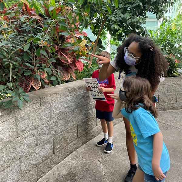 Indigo Mitchell shows campers a butterfly in the Tropical Butterfly Exhibit