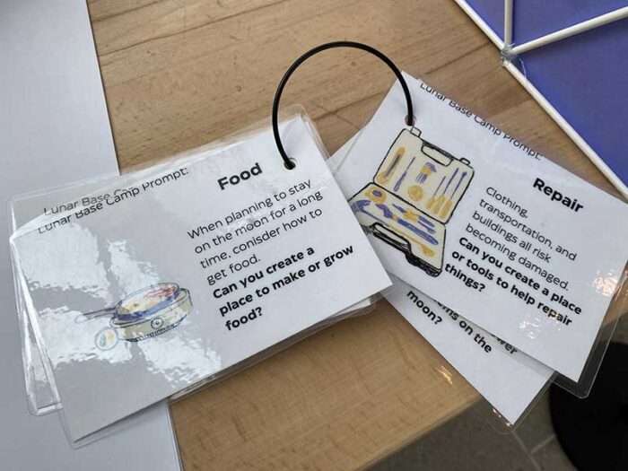 laminated papers with "food" and "repair"