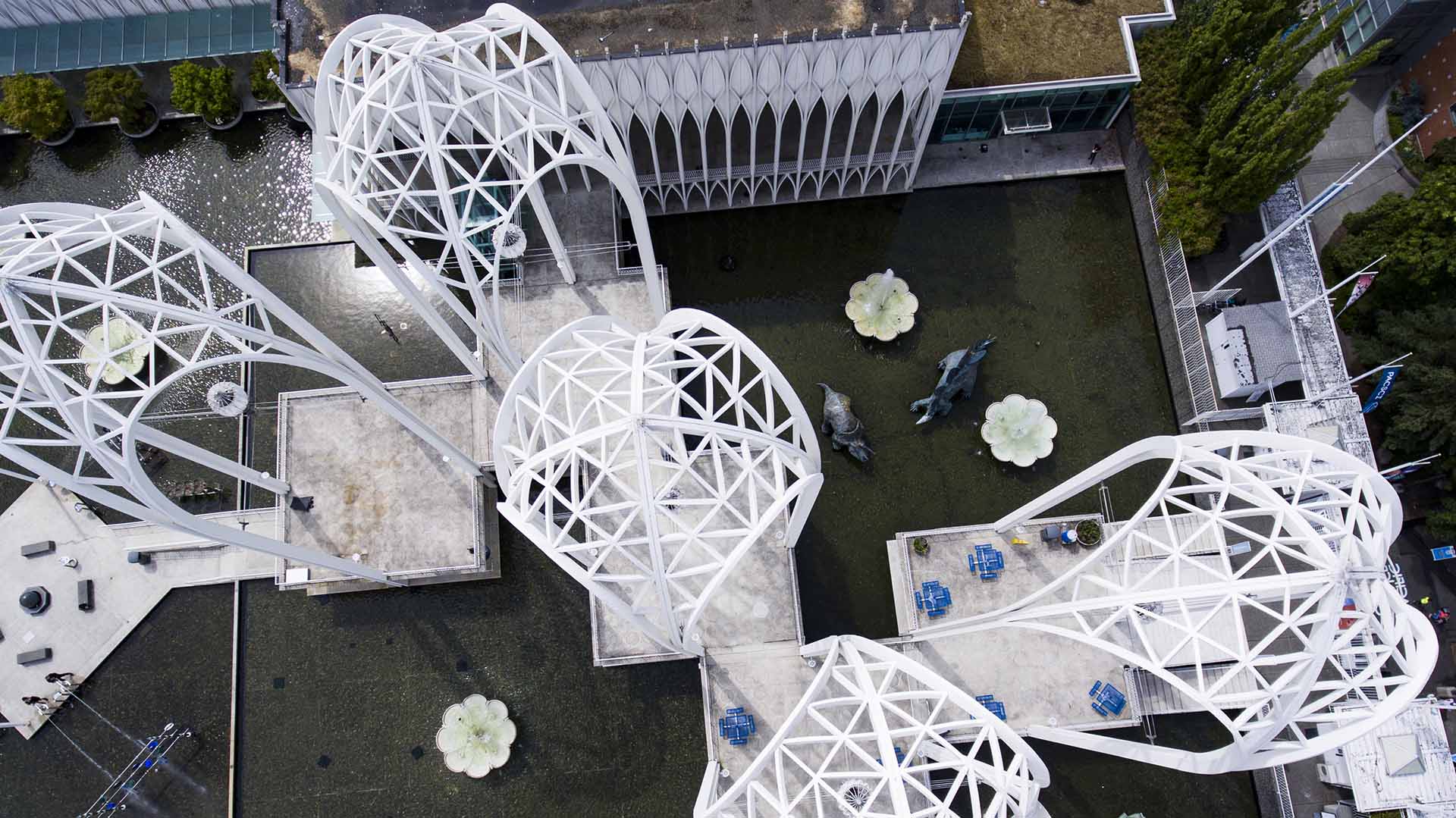 Aerial view of Pacific Science Center arches