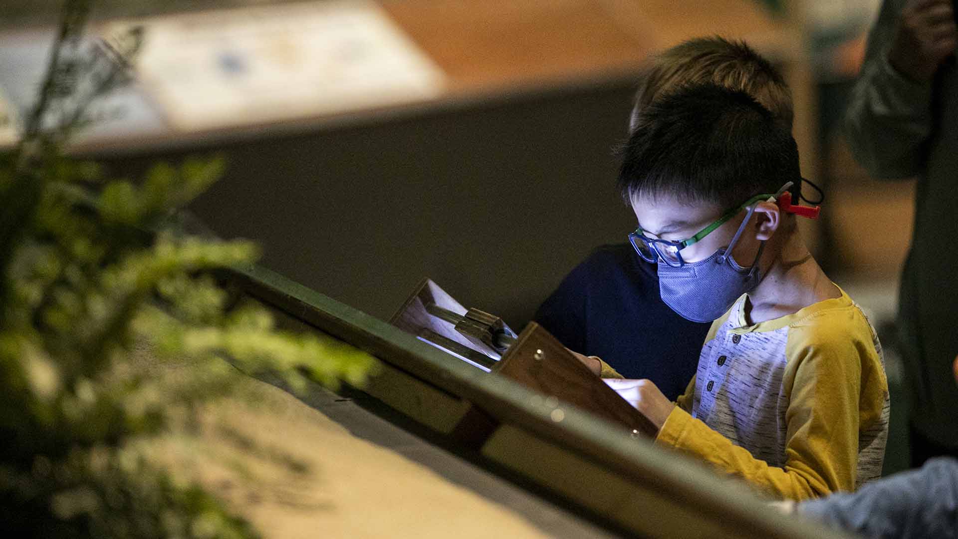 Kid at dinosaur exhibit