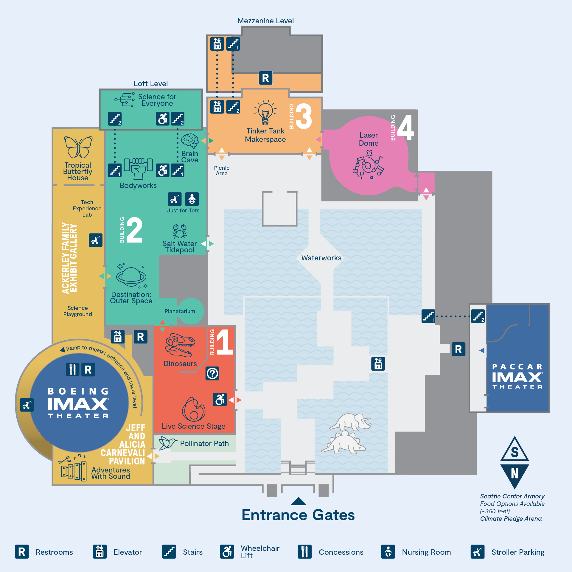 Pacific Science Center campus map with four buildings and labeling where exhibits are