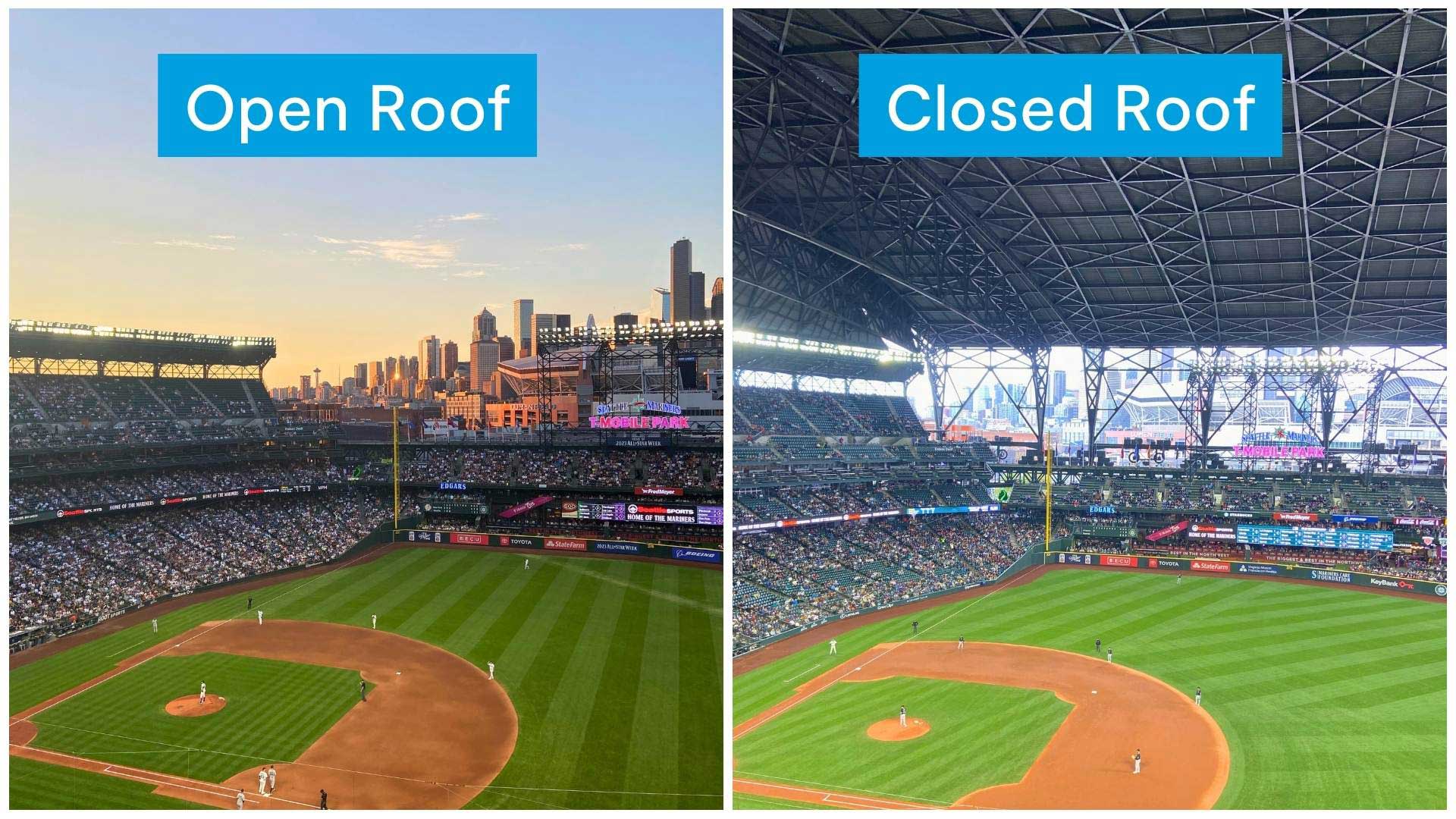 T-Mobile Park in Seattle, Washington, with its roof open and closed
