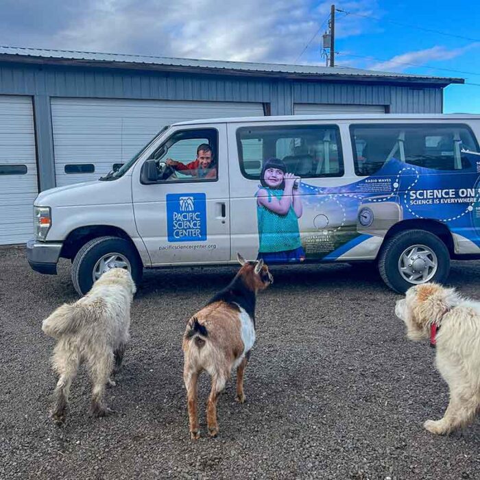 Science on Wheels van with goats and dogs