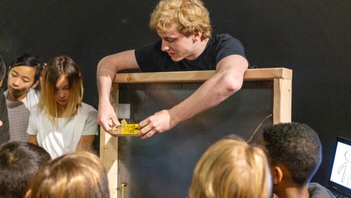 Oliver in exhibits showing children the new Brainy Bodies exhibits