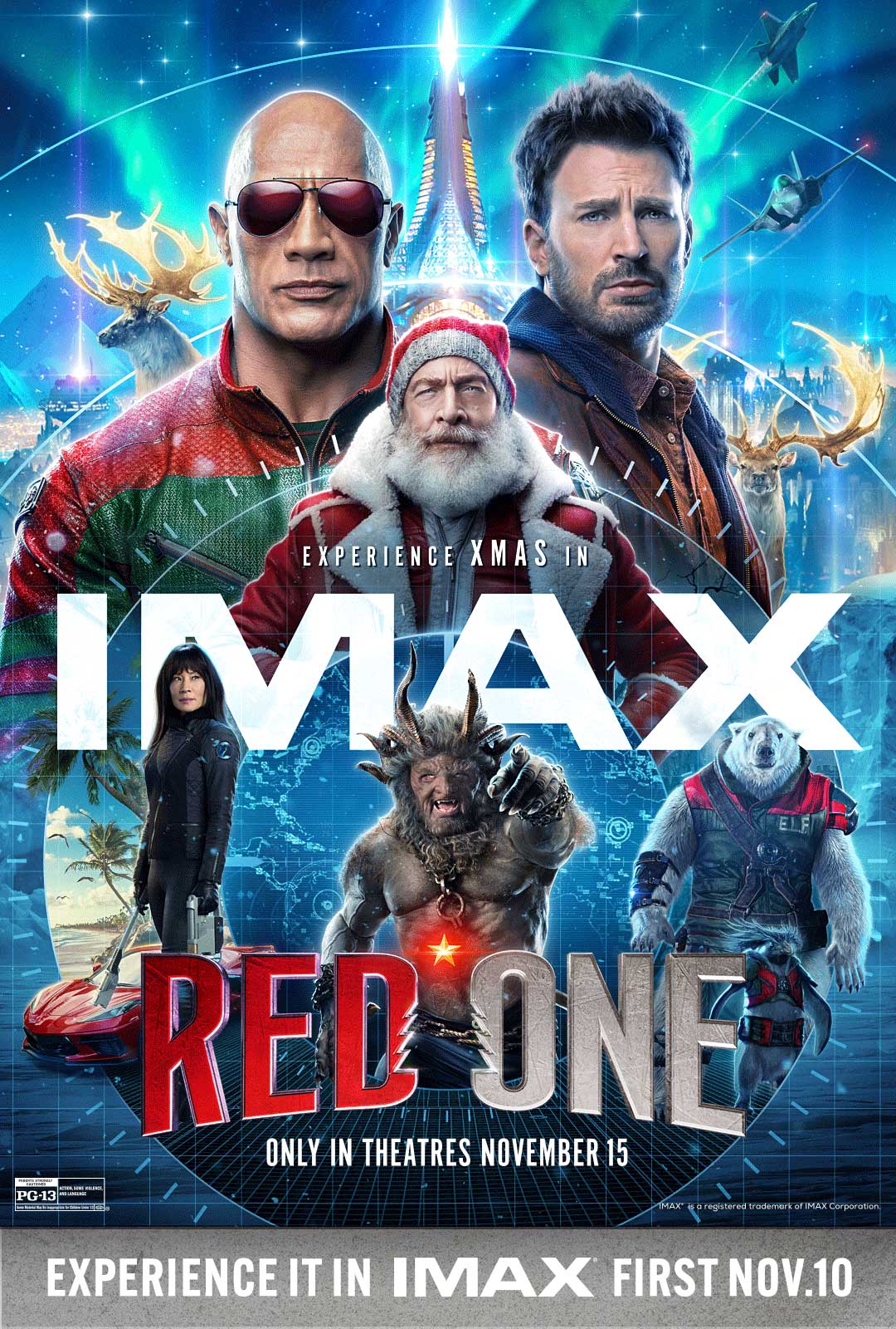 Dwayne Johnson, JK Simmons, Chris Evans, and Lucy Liu on the poster for Red One