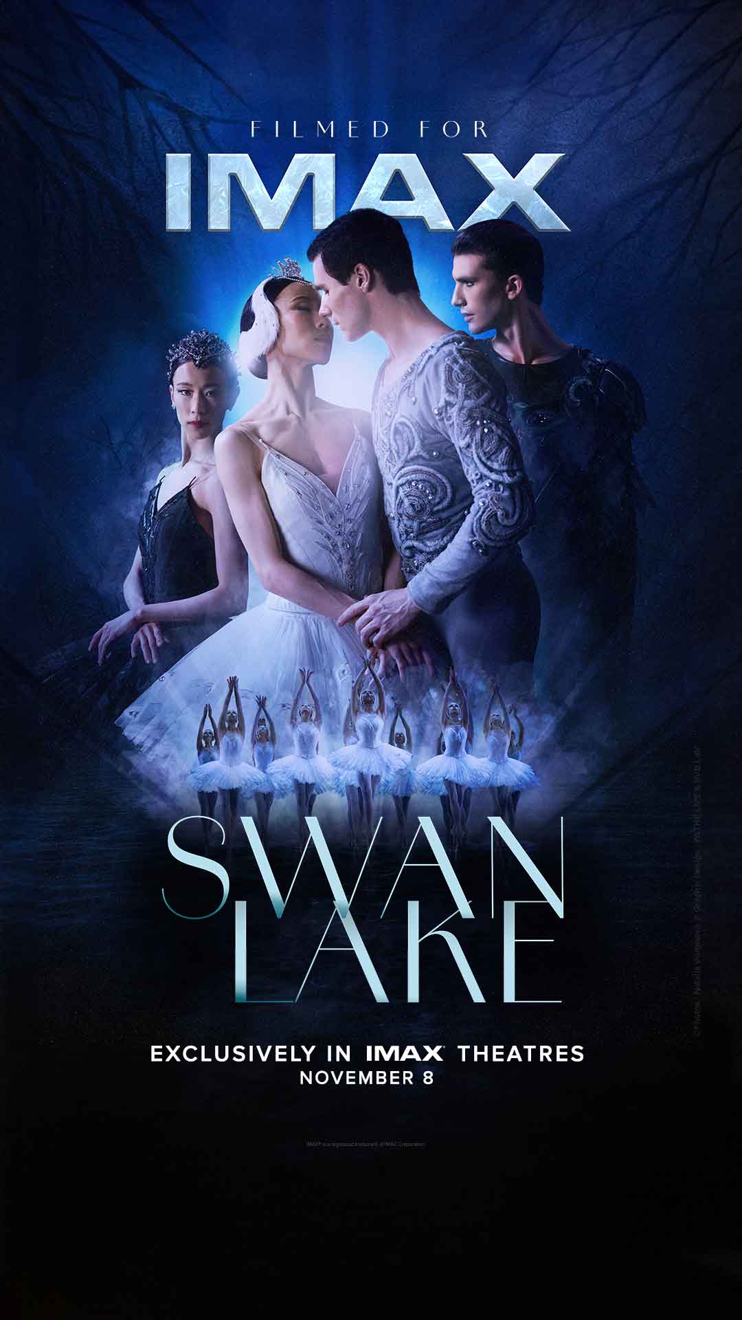 Four ballet dancers on the poster for Swan Lake