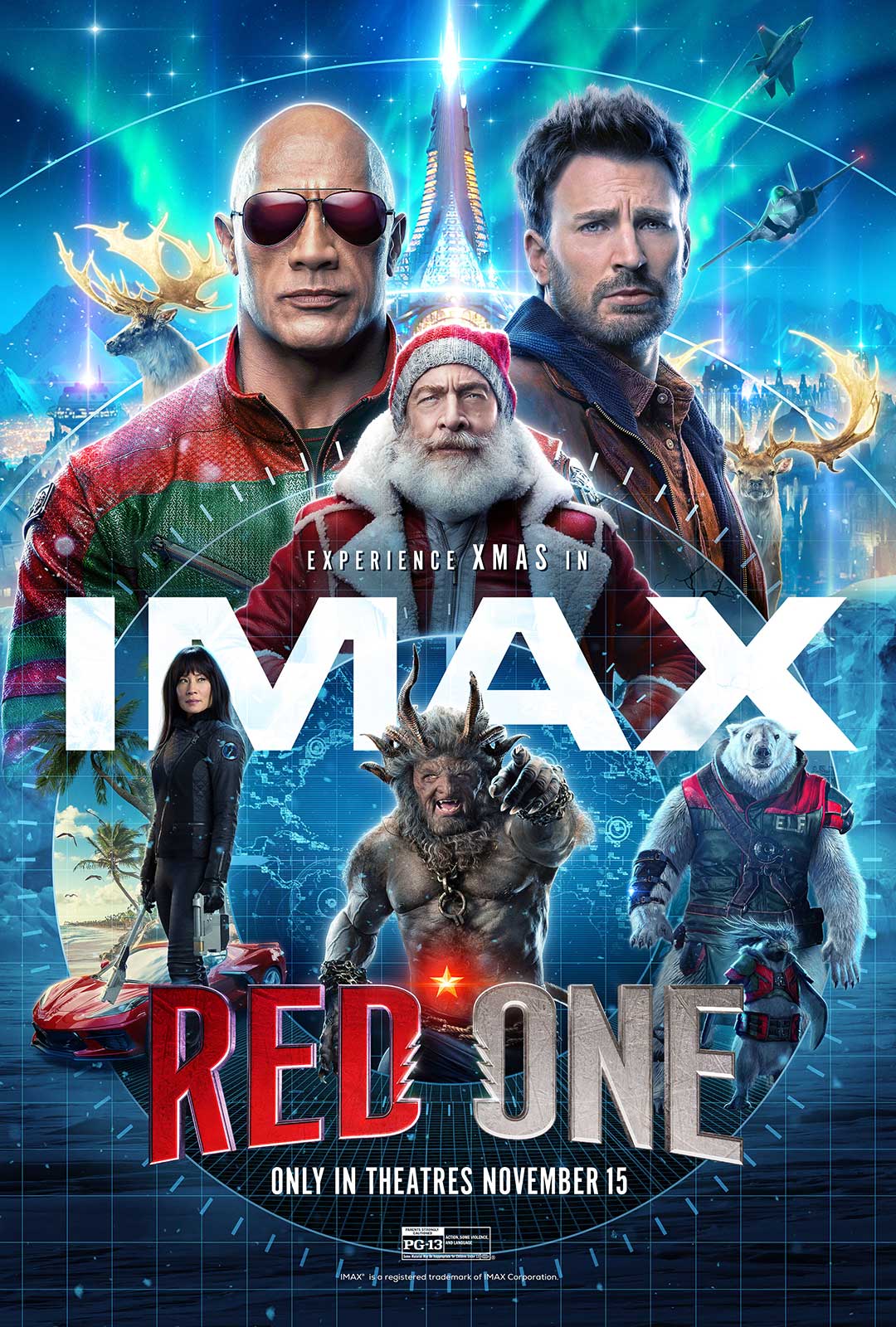 Dwayne Johnson, JK Simmons, Chris Evans, and Lucy Liu on the poster for Red One