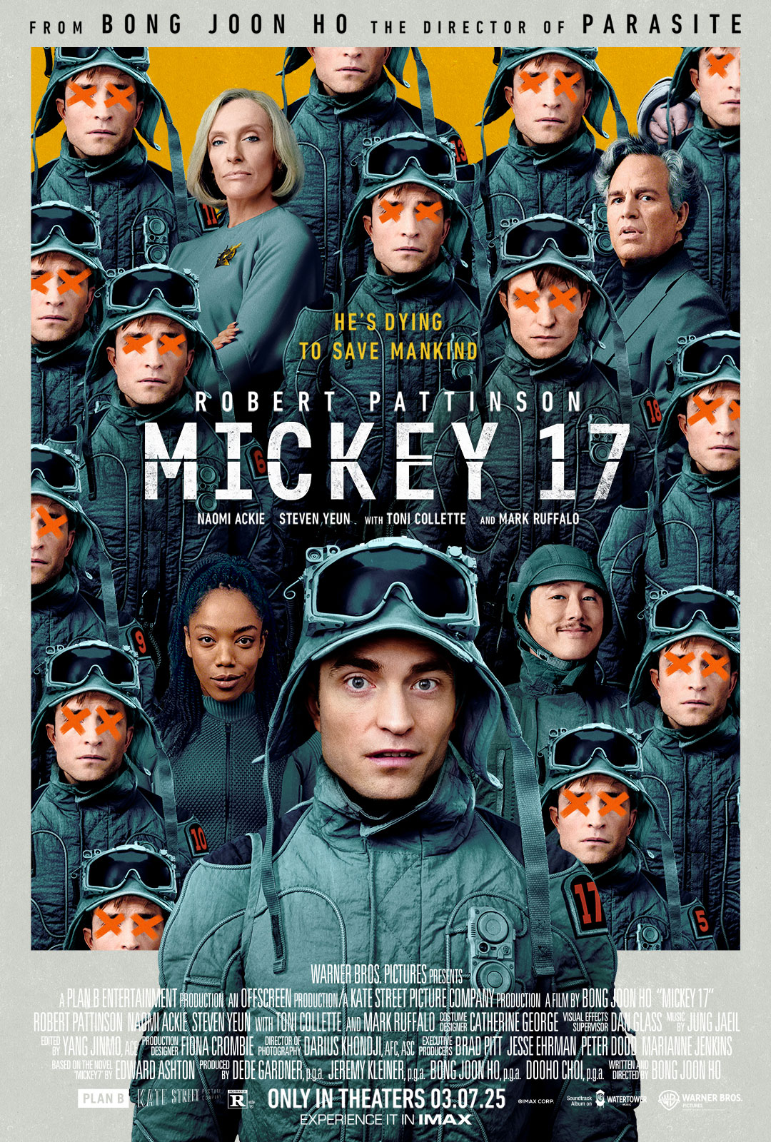 Robert Pattinson and Toni Colette on the poster for Mickey 17