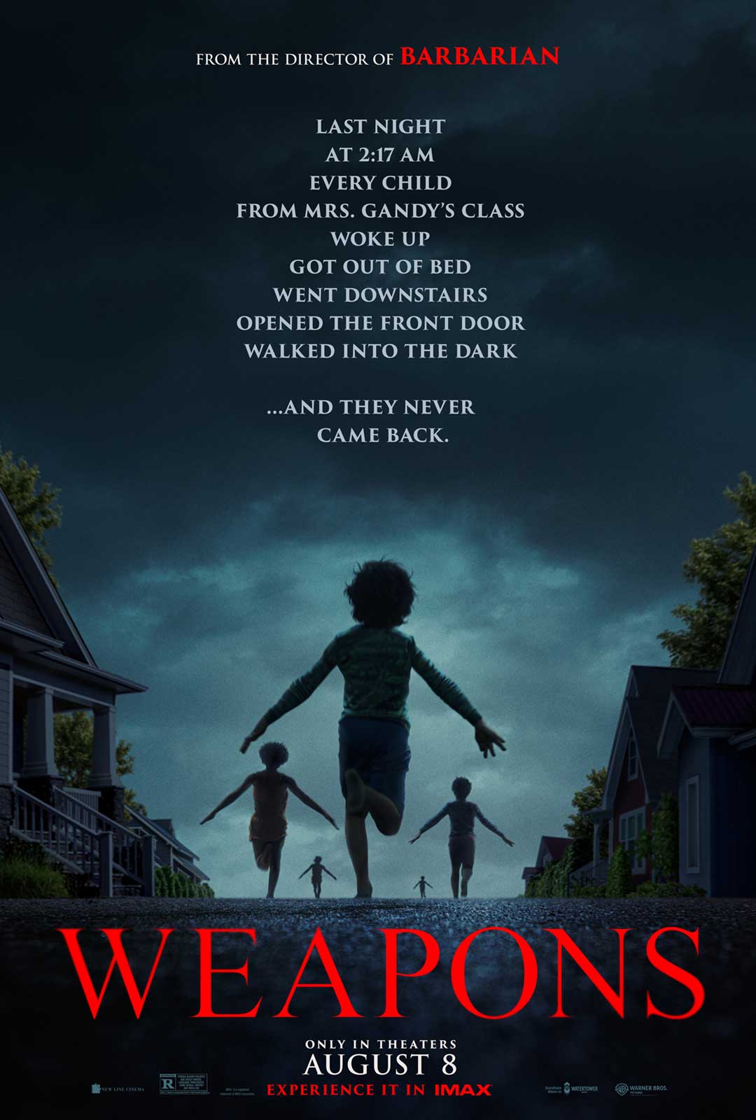 Children running on a street for Weapons IMAX poster