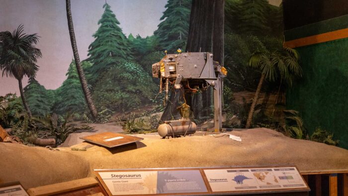 Inside of an animatronic dinosaur in Pacific Science Center