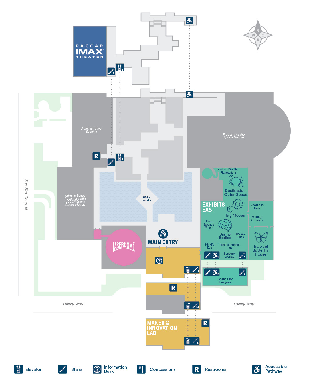 Map of Pacific Science Center with exhibits and buildings