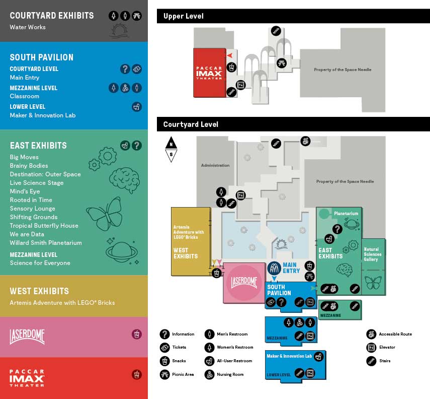 Pacific Science Center map with list of exhibits and buildings